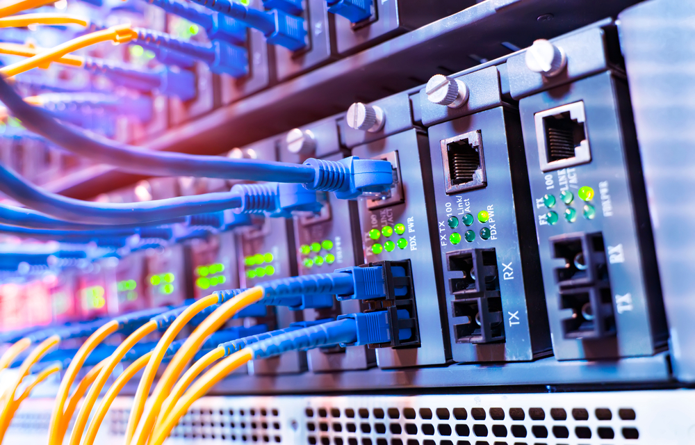 Fiber,optical,cables,connected,to,an,optic,ports,and,network