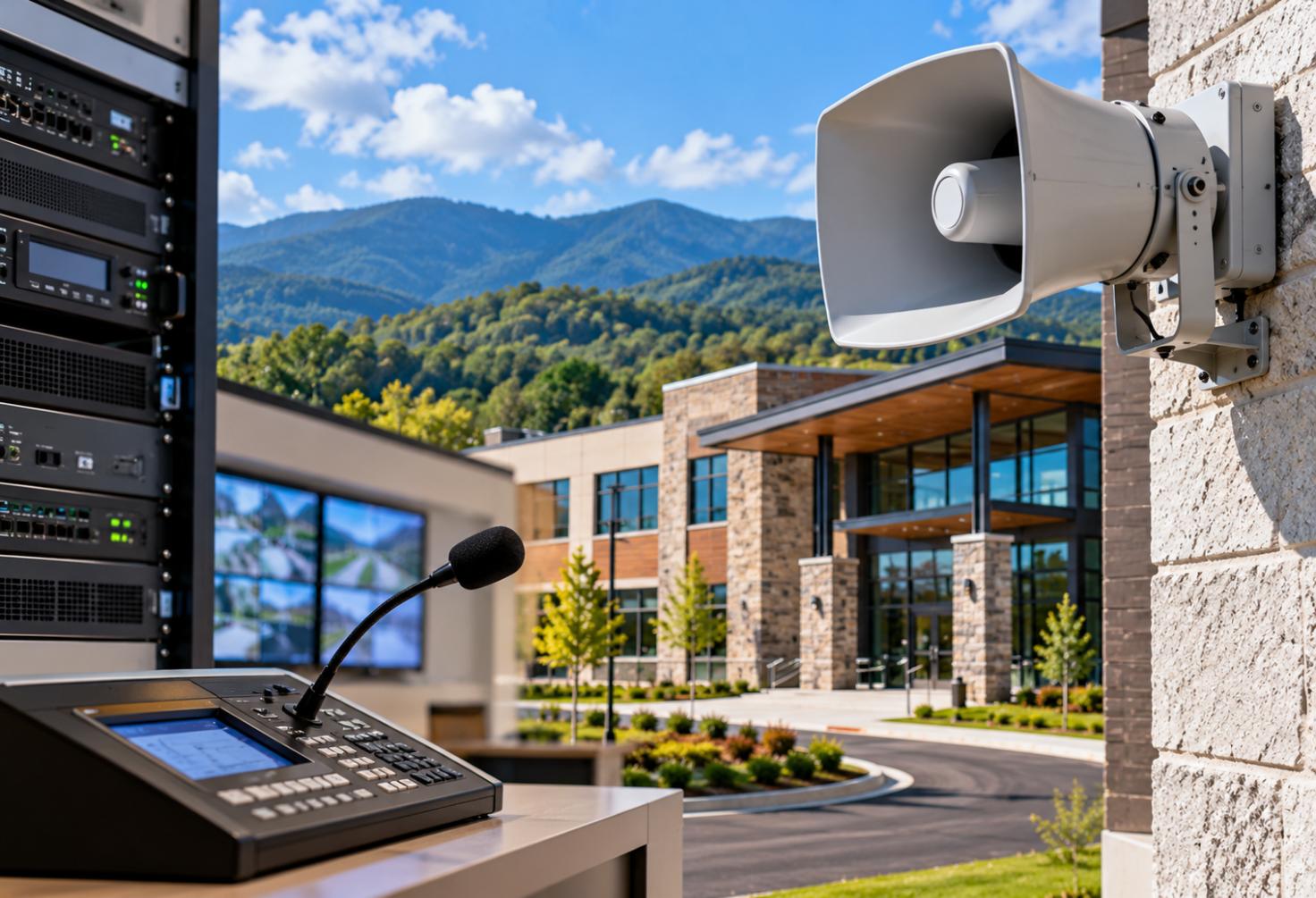 Commercial sound and mass notification system with PA equipment and an outdoor speaker at a modern North Georgia facility.